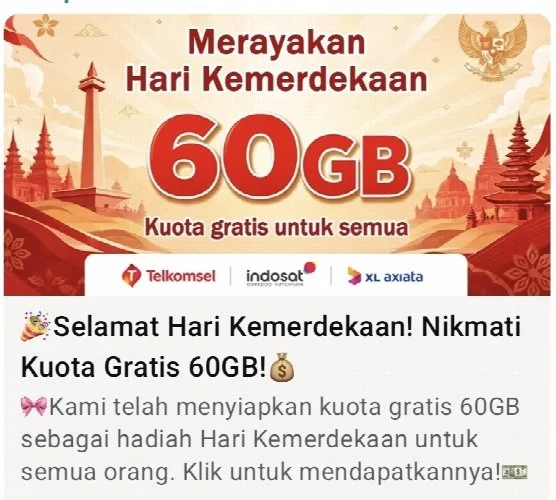 Awas Phishing Kuota 60GB HUT RI, Modus Pembajakan WhatsApp dan Pembobolan Rekening Bank
